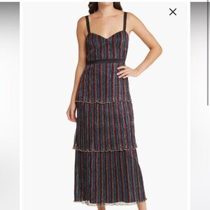 Saylor Aviva Metallic Stripe Tiered Midi Dress